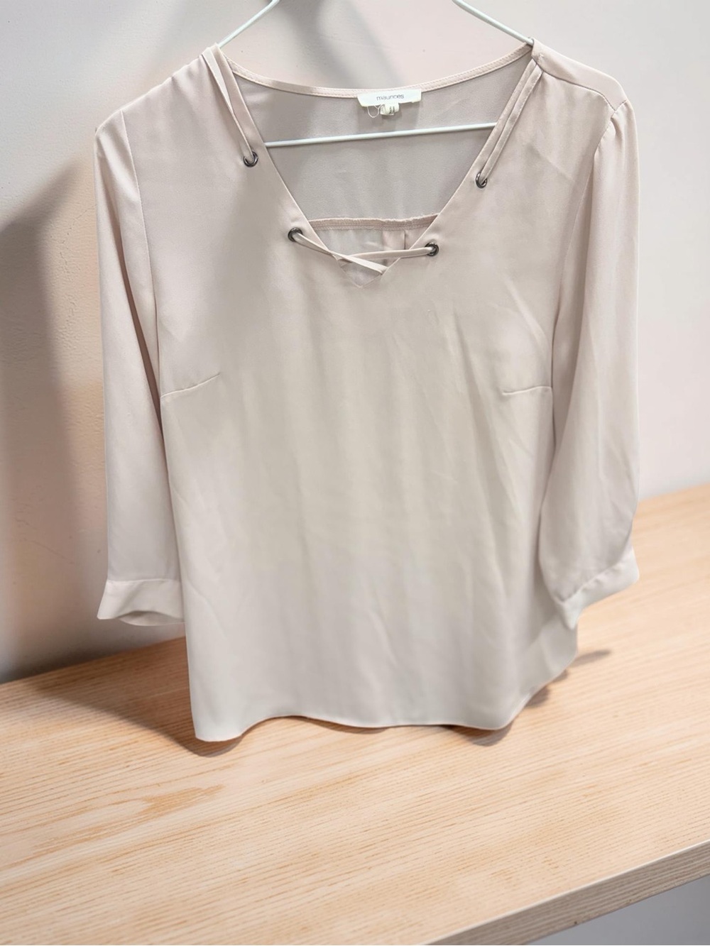 Maurices Light Taupe Lace-Up V-Neck Blouse
